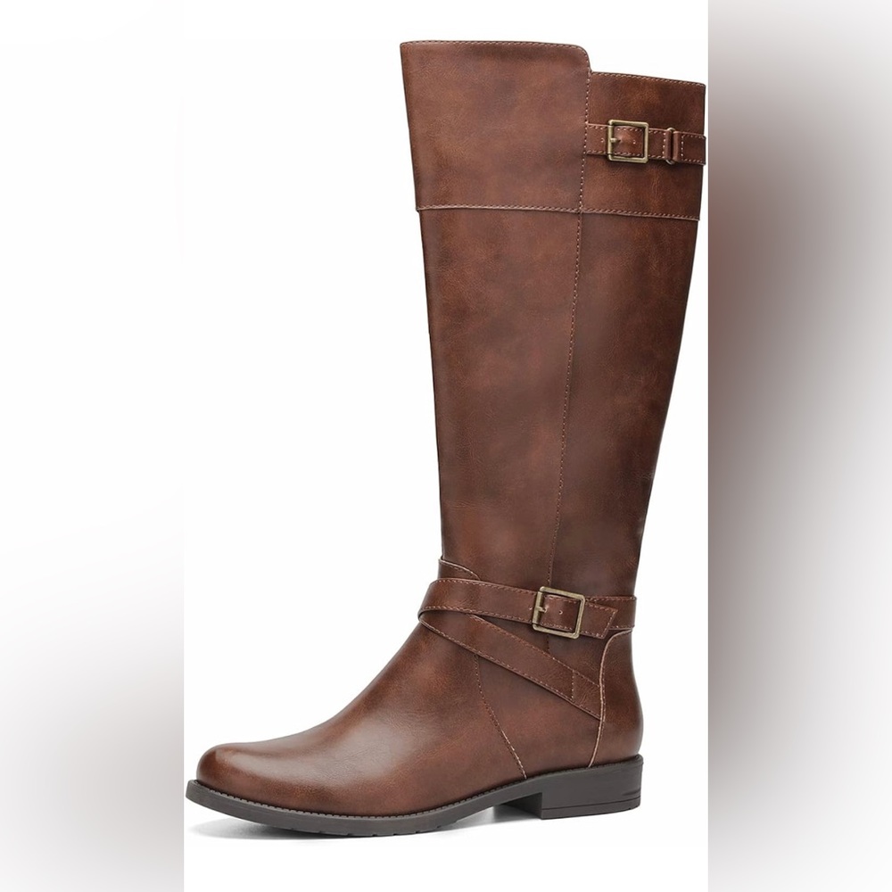 Low Heel Knee High Boots Wide Calf Buckle Strap